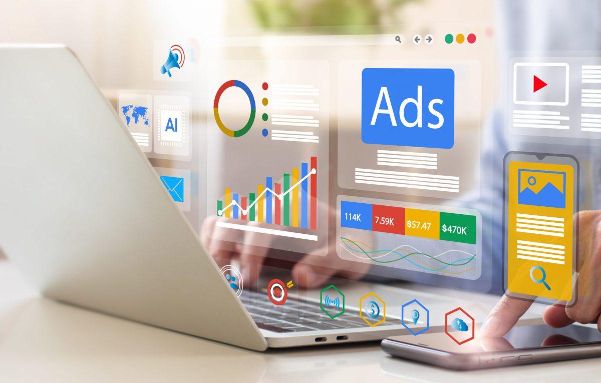 Digital marketing concept, Businessman using laptop with Ads dashboard digital marketing strategy analysis for branding. online advertisement, ad on website and social media. SEO. SMM.