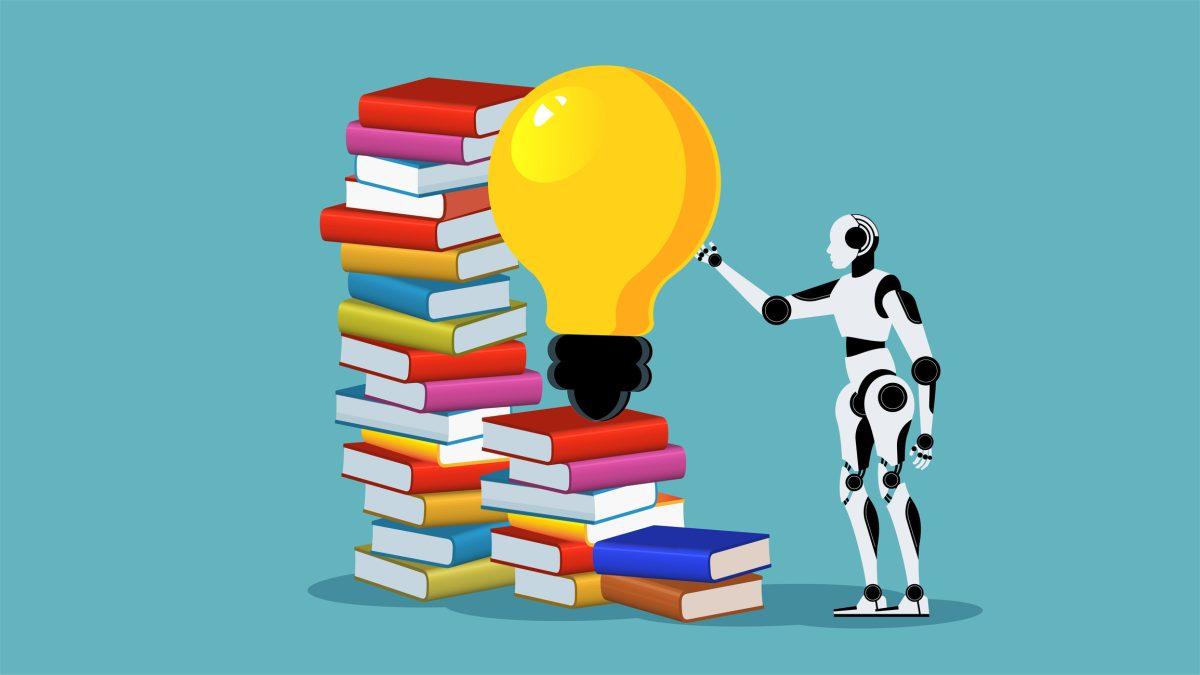 Artificial intelligence helps solve problems or create new thoughts or ideas. A robot looks for new light bulbs from books